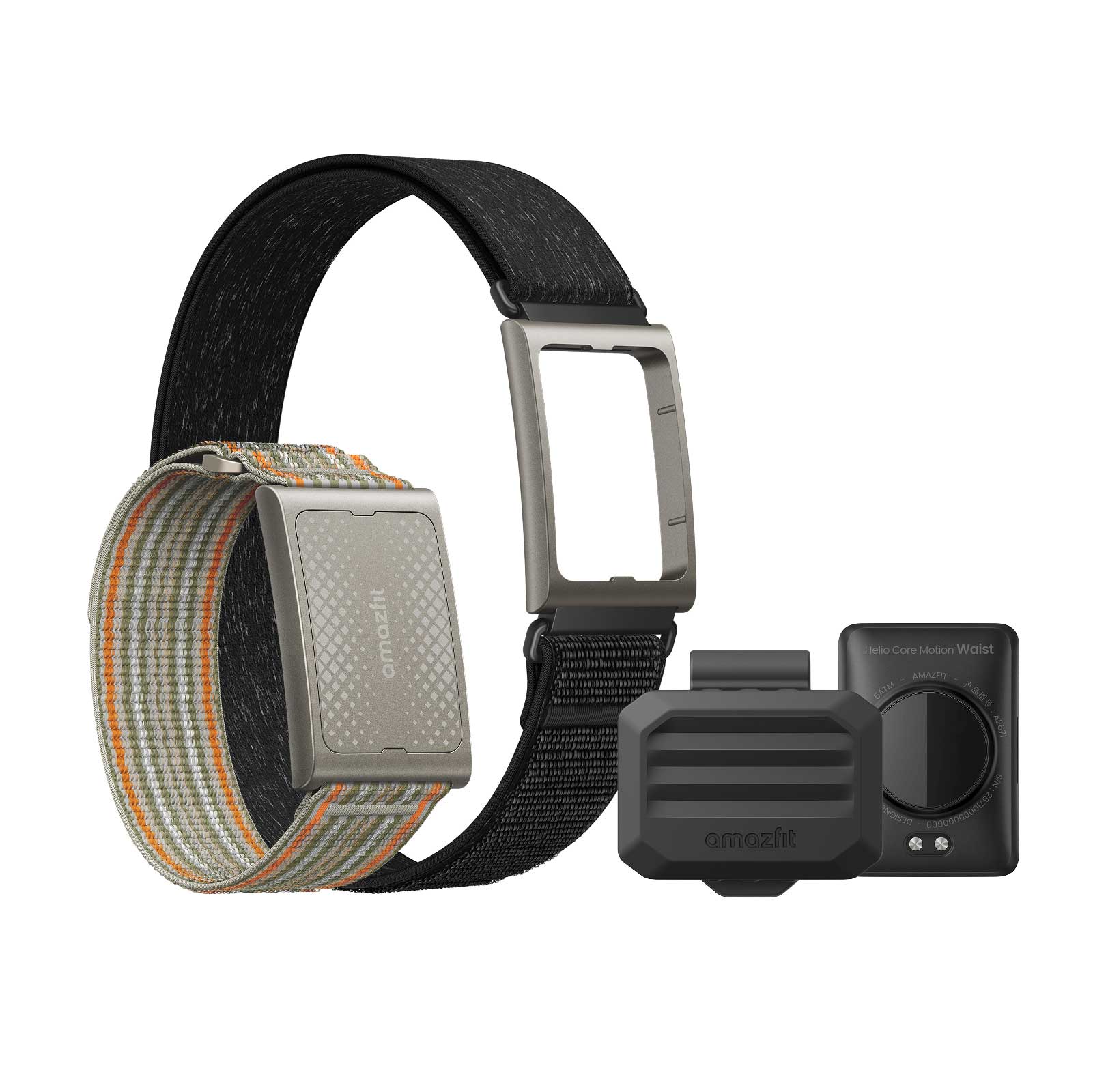 Amazfit Helio Strap Pro two-piece sensor system with wrist band and waist clip