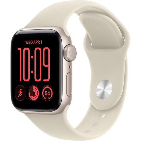 Apple Watch SE 3 with a starlight aluminum case and sand sport band