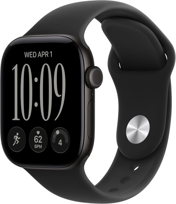 Apple Watch Series 12 with a black aluminum case and black sport band, the screen showing 10:09 and a 62 BPM heart rate complication