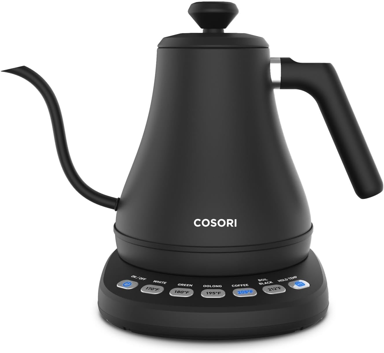 Cosori gooseneck electric kettle with temperature control buttons for white, green, oolong, coffee and black tea presets