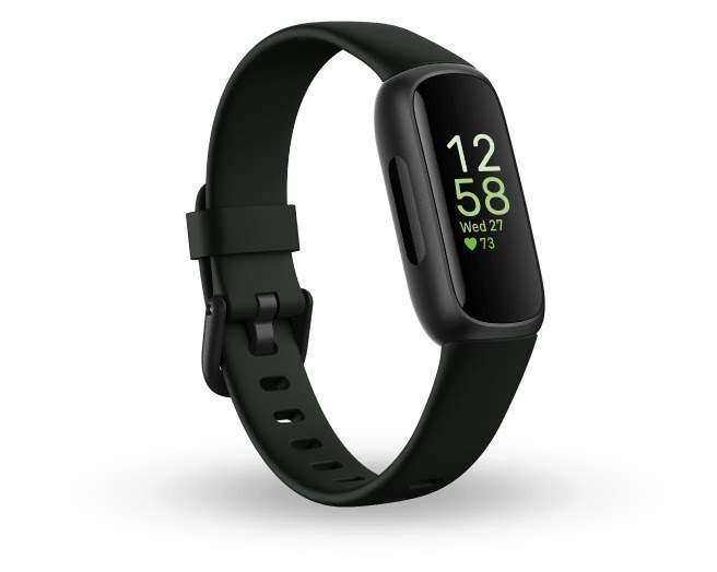 Fitbit Inspire 3 in Midnight Zen black, its color screen showing the time, date and heart rate