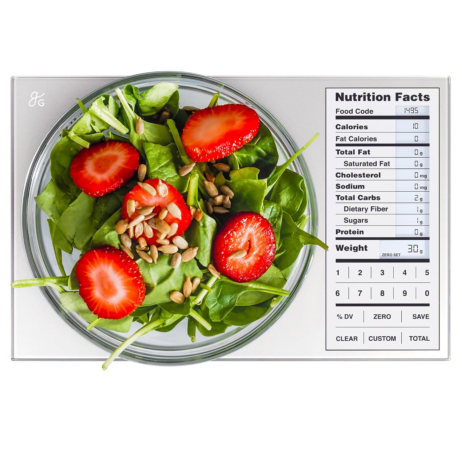 Greater Goods digital nutrition scale with built-in food code display