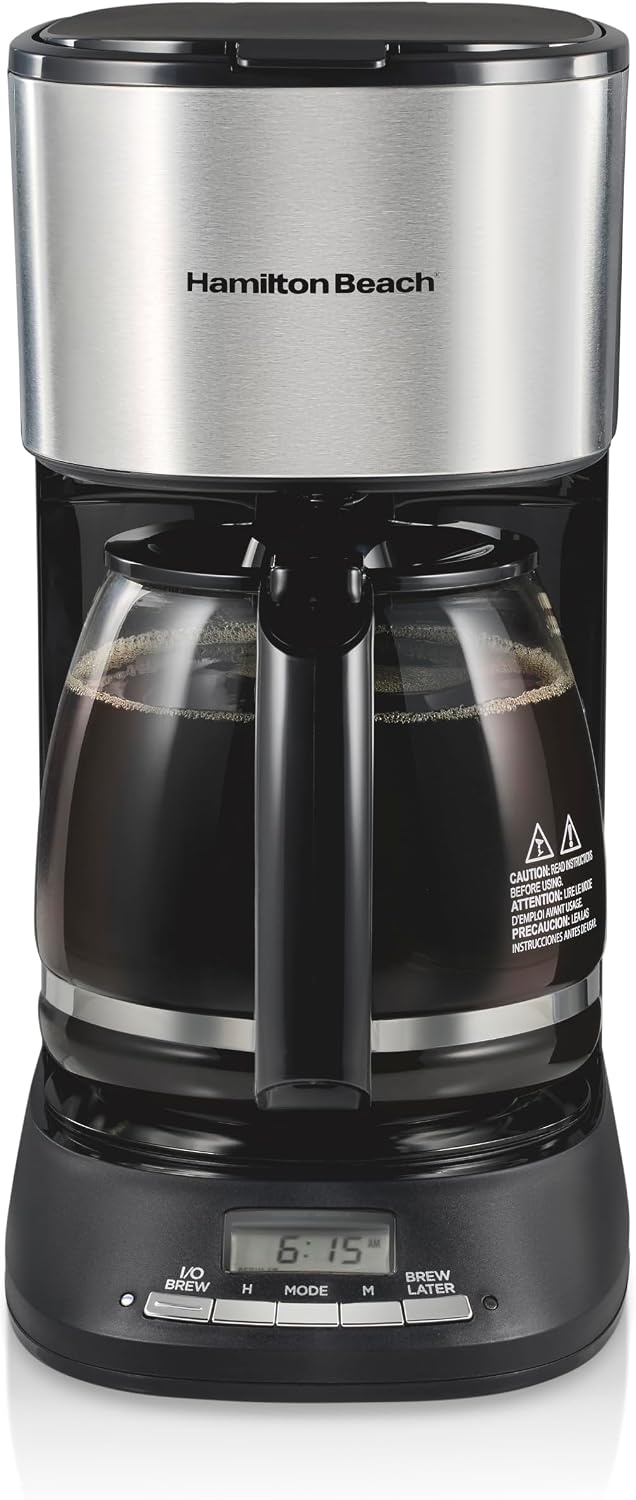Hamilton Beach 12 cup programmable coffee maker with glass carafe and digital clock display