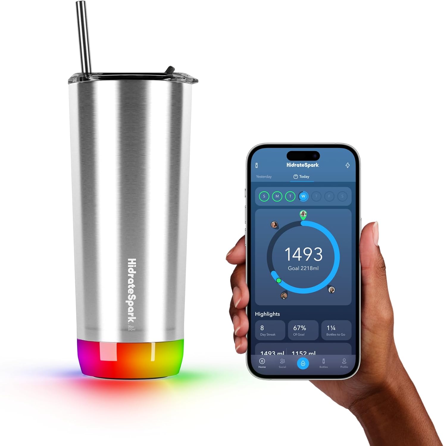 HidrateSpark PRO Smart Tumbler Bundle with LED sensor puck at the base