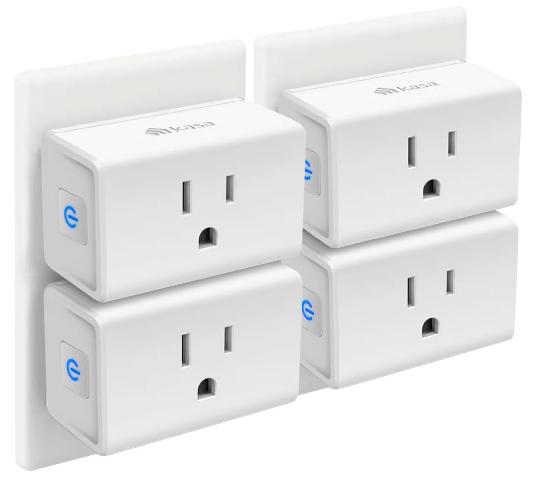 Kasa Smart Plug Ultra Mini EP10P4 4-pack, four white mini smart plugs on a wall outlet