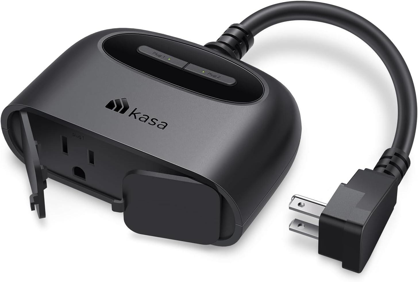 Kasa Outdoor Smart Plug EP40 with one socket cover open showing plug 1 and plug 2 buttons