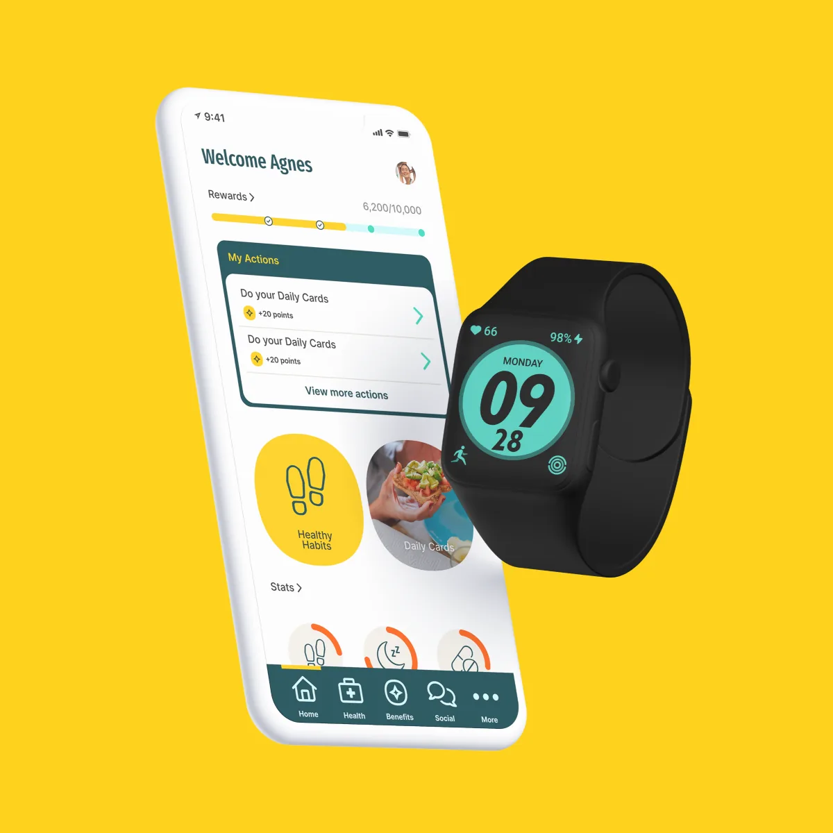 Personify Health Max GO watch with black band next to the Personify Health app showing rewards points and daily cards