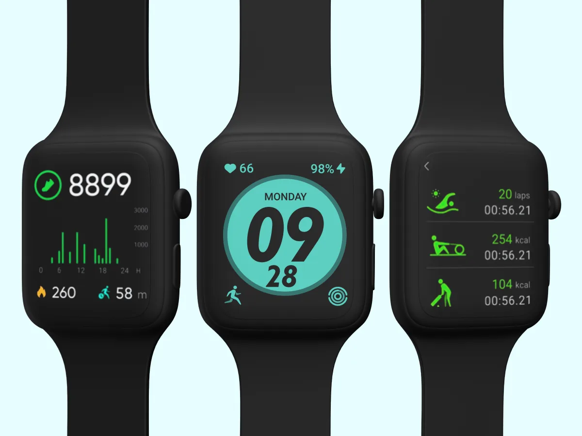 Three Personify Health Max GO watches showing the step-count screen, the default watch face with heart rate and battery, and the exercise record screen